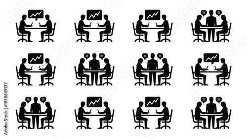 Silhouette office discussion icons set people sitting at desks in meeting business communication concept