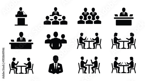 Silhouette icons of business professionals in various meeting and seminar settings with colleagues