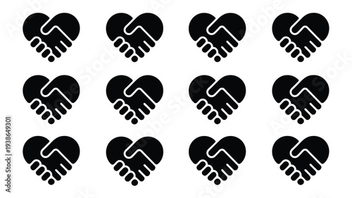 Teamwork handshake silhouettes in heart shapes black icons on white background symbolizing partnership and love
