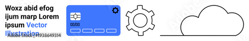 Blue credit card with chip, a gear, and a cloud outline. Ideal for financial technology, cloud storage, online payments, innovation, automation, digital tools and simple landing page