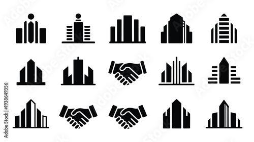 Business alliance logos and city skylines in black silhouette on white background representing corporate partnerships and urban development