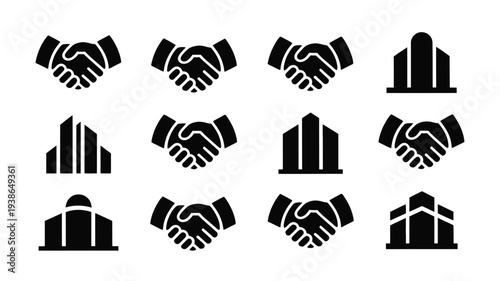 Business partnership and company logos in silhouette handshake and building icons for corporate alliances and teamwork