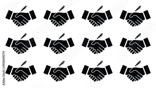 Handshake and pen silhouettes for legal agreements and business partnerships