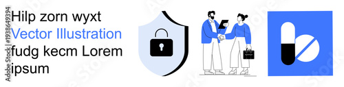 Business solutions, digital security, medication, teamwork, online services, innovation. Two business professionals shaking hands, shield with lock and pill icons. Business solutions and digital