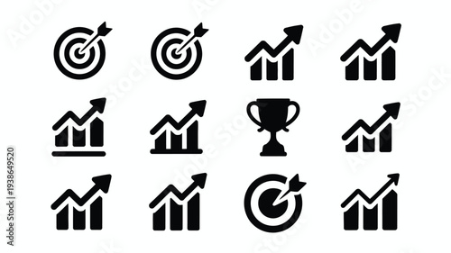 Collection of black success and growth icons on white background including targets graphs and trophy symbols representing business achievement and progress