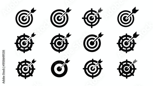 Business target badges with arrows in black silhouette style on white background for goals and objectives