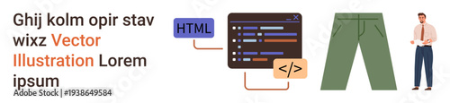 Web development, programming, clothing design, education, fashion, technology concepts. Display includes an HTML coding interface, green pants and a professional man. Web development and programming