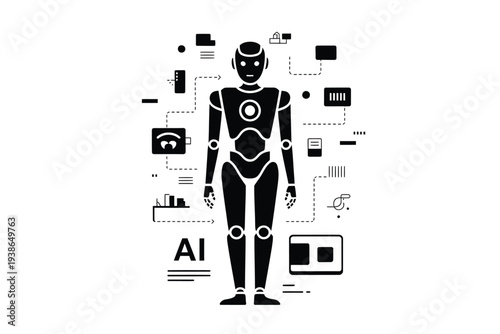 A stylized illustration of a humanoid robot with connecting digital icons