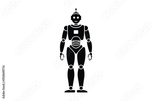 Simple black silhouette of a humanoid robot on a white background