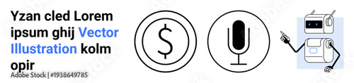 Financial technology, voice recognition, artificial intelligence, digital services, fintech solutions, automation. Black dollar sign, microphone icon and robotic figure pointing. Financial