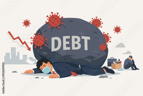 Businessman in Mask Crushed by Giant Debt Rock with Coronavirus Particles, Economic Crash, Financial Crisis, Unemployment and Bankruptcy Concept during COVID-19 Pandemic Global Recession Vector