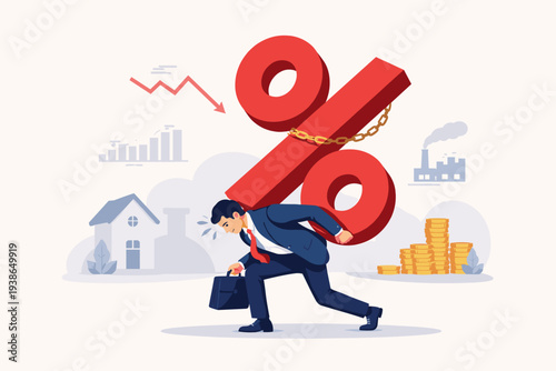Businessman Struggling Under Heavy Red Percentage Sign Symbolizing High Interest Rates, Debt Burden, Financial Stress, Mortgage Pressure, and Economic Inflation Impact on Business and Housing