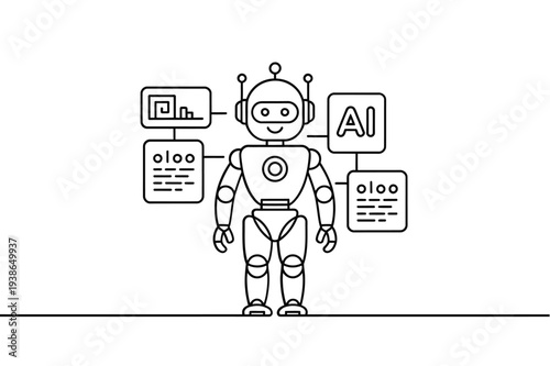 Line drawing of a robot with artificial intelligence interface elements