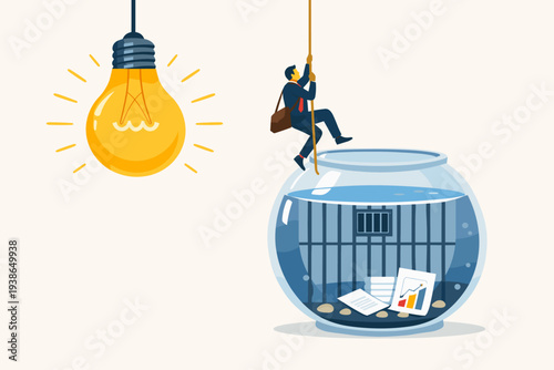 Businessman Climbing Out of Fishbowl Prison with Charts Towards a Glowing Light Bulb, Concept of Innovation, Creative Problem Solving, and Using New Ideas to Achieve Business Success and Freedom.