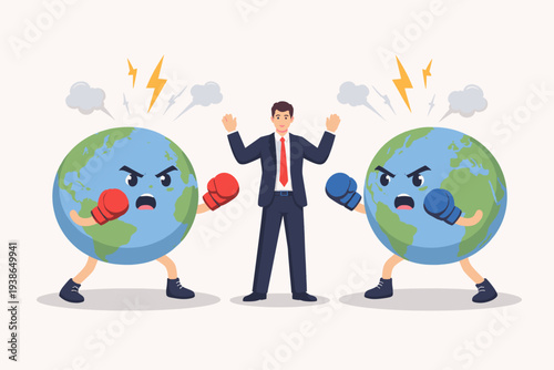 Conflict Management and Leadership Skill for Compromise and Solving Argument Problems. Businessman Mediator Stopping Two Angry Earth Globes Wearing Boxing Gloves from Fighting. Global Diplomacy.