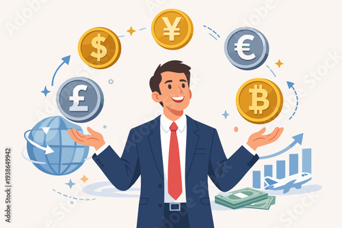 Businessman juggling international currency symbols like dollar, euro, yen, pound, and bitcoin for global money transfer, forex trading, and world economy investment concept vector illustration
