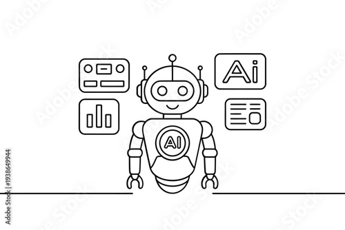 Line art illustration of a robot with artificial intelligence symbols