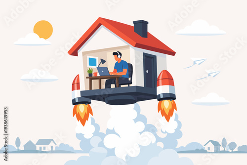 Boost Productivity and Efficiency While Working from Home Illustration with a Man in a House Rocket Taking Off into the Sky Representing Remote Work Success, Career Growth, and Motivation.