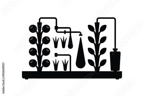 Black and white illustration of a hydroponic setup with plants