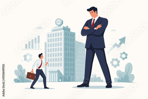 Small Business Owner with Briefcase Looking Up at a Giant Corporate Boss, Concept of Market Competition, Monopoly, Entrepreneurial Struggle, Corporate Power, and Growth Strategy Illustration.