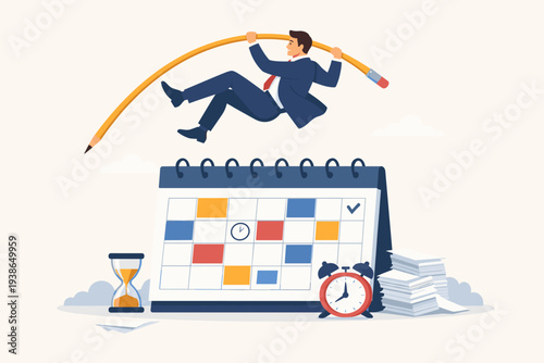 Businessman pole vaulting over a large calendar using a giant pencil as a pole, representing overcoming deadlines, project management challenges, time efficiency, and flexible work schedules.