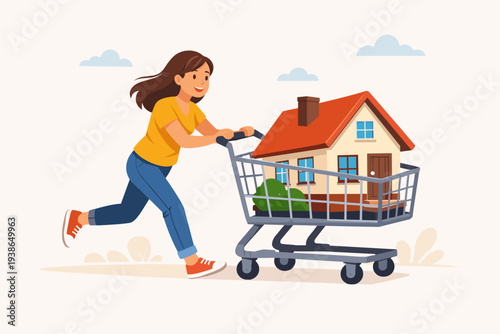 Happy Young Woman Pushing a Shopping Cart with a Small House Inside, Concept of Real Estate Investment, Home Buying Process, Mortgage Loan, Property Ownership, and Finding a New Dream Residence