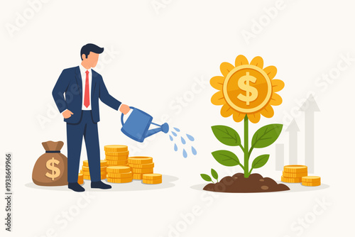 Businessman Watering a Money Plant with Dollar Coin Flower for Financial Growth, Wealth Accumulation, Investment Success, Retirement Planning, Profit Increase, and Economic Prosperity Concept.