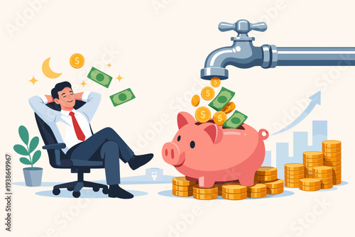 Passive income concept with a businessman relaxing while money flows from a faucet into a piggy bank. Financial freedom, wealth accumulation, investment growth, and earning money while you sleep.