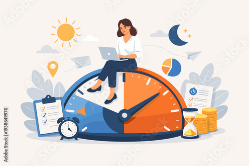 Woman sitting on a giant clock working on a laptop, concept of time management, productivity, and flexible work schedule, day and night planning, deadline tracking, and side hustle efficiency.