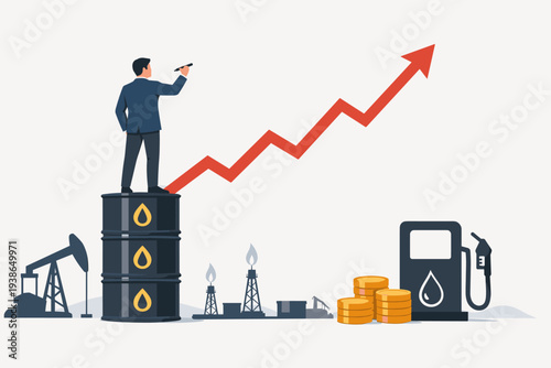 Businessman Standing on Oil Barrels Drawing a Rising Red Arrow Representing Crude Oil Price Growth, Energy Market Inflation, High Gasoline Demand, and Global Economic Recovery after Crisis