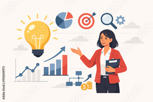 Professional Businesswoman Presenting Innovative Ideas and Strategic Solutions with Data Charts, Light Bulb, and Marketing Icons for Growth, Intelligence, and Financial Success in Vector Style.