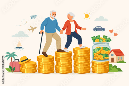 Elderly couple walking on gold coin stacks for retirement savings and pension fund planning. Financial investment for wealth, house, travel, and car after retiring with security and freedom.