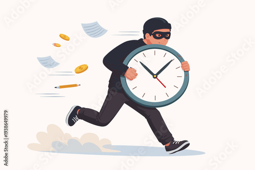 Vector illustration of a thief character running and stealing a large clock, representing time management issues, procrastination, lost productivity, and the pressure of meeting work deadlines.