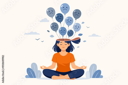 Young Woman Meditating to Release Negative Thoughts and Anxiety, Blue Sad Face Balloons Floating Away from Her Open Mind, Concept of Mindfulness, Mental Health, Stress Relief, and Emotional Healing