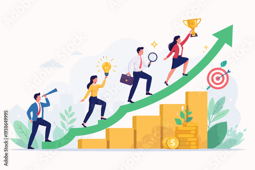 Business Growth and Long Term Success Concept with Professional Team Climbing Upward Arrow Graph, Achieving Goals, Financial Profit, Winning Strategy, Career Development and Leadership.