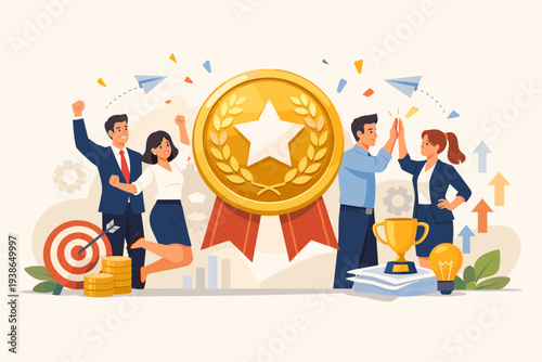 Business Team Celebrating Achievement and Success with Large Gold Medal, Trophy, and Target; Professional Employees Cheering, High-Five, and Rewarding Teamwork for Corporate Goal Attainment
