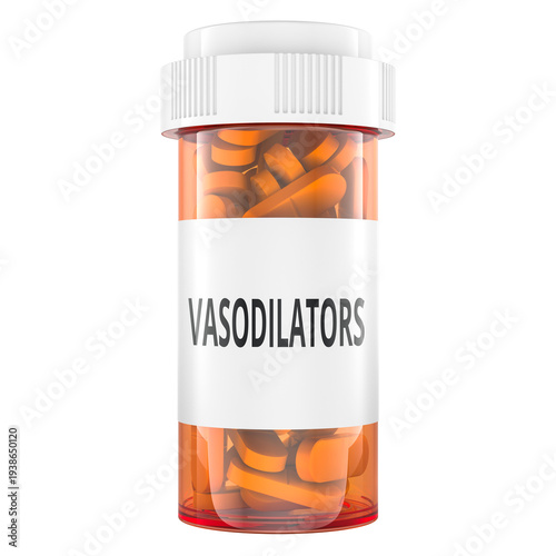 VASODILATORS drugs pill bottle, orange prescription container. 3D rendering
