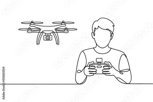 Continuous line drawing of a man operating a drone with a remote