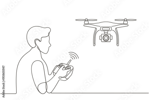 Line drawing of a person controlling a drone with a remote