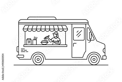 Line drawing of a food truck with a cook serving ramen noodles