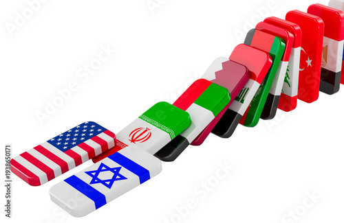 Domino effect of Middle East escalation with country flags. 3D rendering