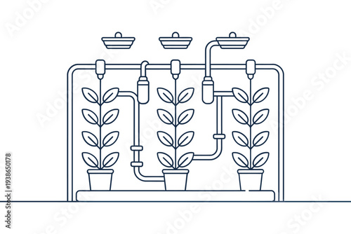 Linear illustration of an indoor hydroponics system with illuminated plants