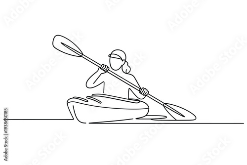 One continuous line drawing of a woman kayaking on the water