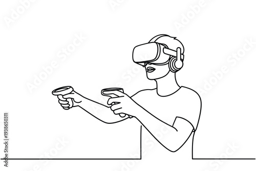 A continuous line drawing of a person experiencing virtual reality