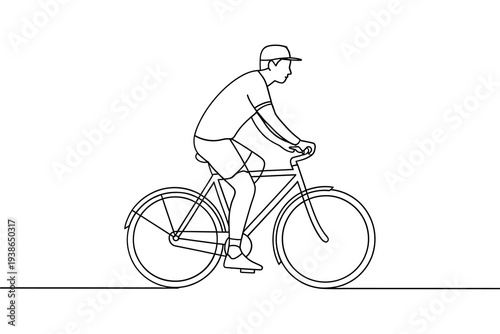 A continuous line drawing depicts a cyclist riding a bicycle