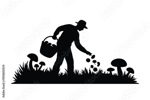 Silhouette of a forager collecting mushrooms in a grassy field