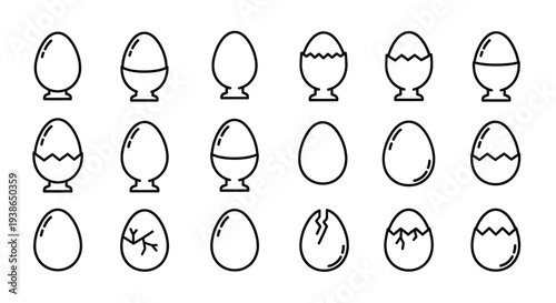 Multiple stylized eggs show various preparations and states.