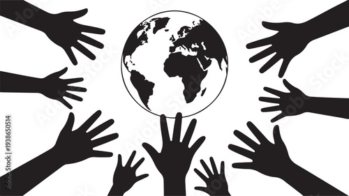 Many Hands Reaching Towards a Globe Illustration Keywords: hands, reaching, globe, earth, world