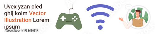 Gaming, communication, technology, wireless, speech, interaction. Green gaming controller, wireless icon person talking in bubble. Gaming and communication concepts in a digital setup