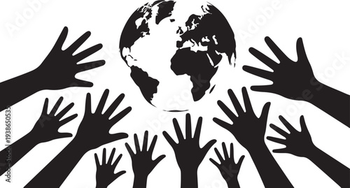 Diverse Hands Reaching Up Towards Planet Earth Keywords: hands, reaching, globe, earth, world